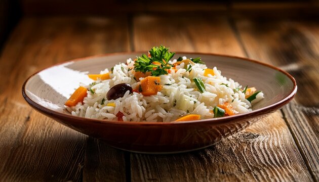 Close de uma tigela de arroz pilaf com legumes e azeitonas