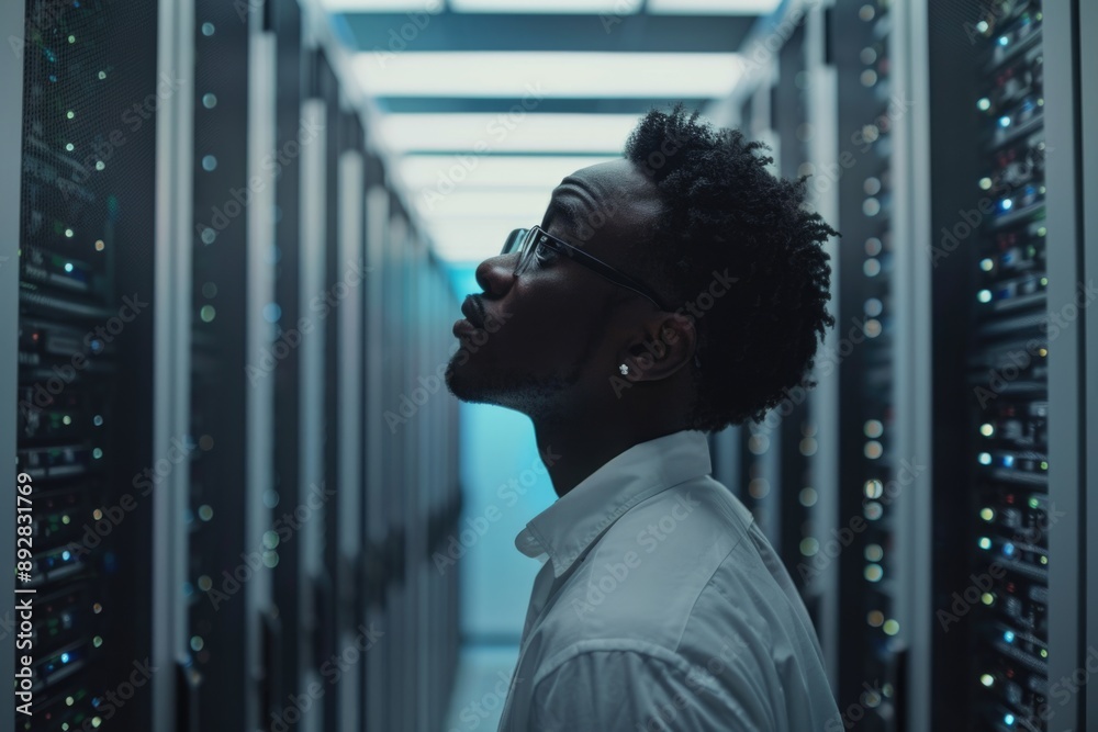 Poster A person stands in front of a row of servers, a common IT setting