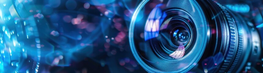 A closeup of a camera lens with blue and pink light reflecting off the surface