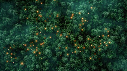 An aerial view of a forest with highlighted areas showing AI-detected hotspots, indicating potential wildfire risks