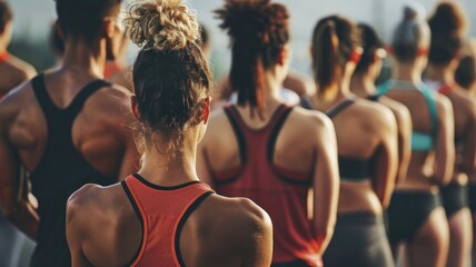 Group of diverse athletes preparing to run, seen from behind