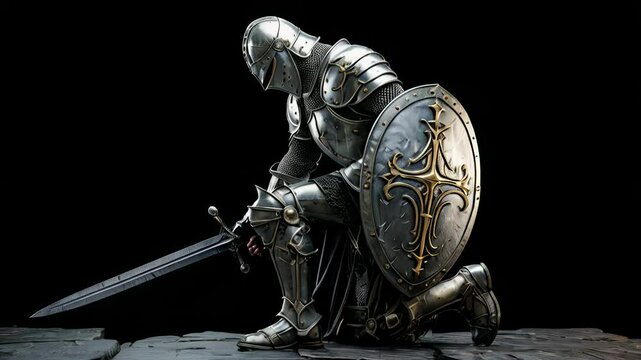Noble knight kneels in solemn reflection, clad in ornate armor with a sword and shield. This powerful imagery captures the essence of honor, strength, and medieval chivalry.