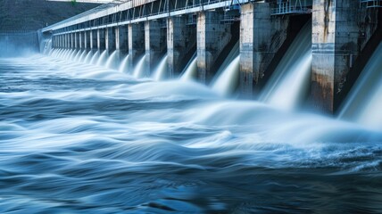 Water flowing smoothly from multiple dam spillways