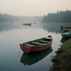 An empty fishing boat, early morning, grazing light, foggy.