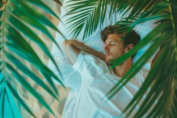 Nighttime quietude surrounds man peaceful rest. Quiet indoor environment allows stress-free and gentle sleep. It serves allegory finding comfort solitude and tranquility.