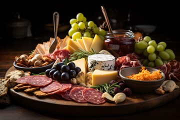 elegant charcuterie board with a variety of cured meats, cheeses, olives, and crackers