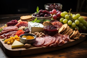 elegant charcuterie board with a variety of cured meats, cheeses, olives, and crackers