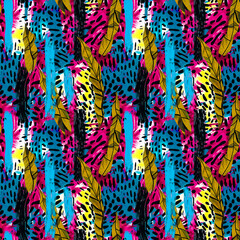 Fun girly camouflage pattern in vibrant stripes and spotted seamless design . Modern skin texture patched effect for festival and beach wear style in repeat .