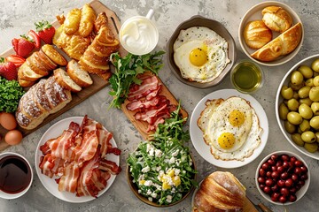 Brunch spread with a variet of dishes pastries. Village Breakfast with pastries, vegetables, greens, spreads, cheeses, fried eggs, jams.
