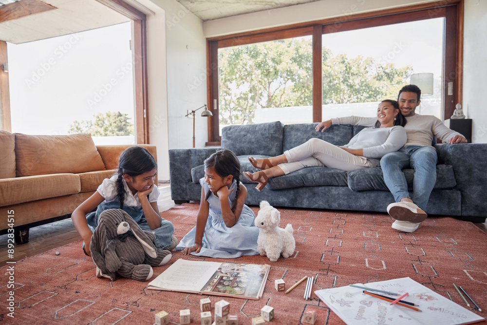 Poster Family, sisters and playing on floor, living room and parents with smile, proud and relax on sofa in house. Lounge, woman and man with girls, book and drawing on ground of home, toys and education