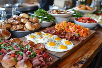 Fototapeta premium Brunch spread with a variet of dishes pastries. Village Breakfast with pastries, vegetables, greens, spreads, cheeses, fried eggs, jams. 