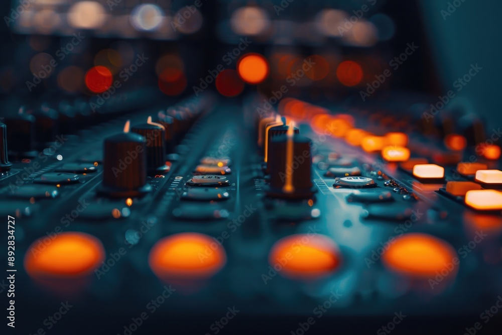 Poster Close-up shot of a sound board in a professional recording studio setting