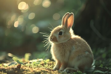 Fototapeta premium Peaceful rabbit enjoys the warmth of a sunset amidst a natural backdrop