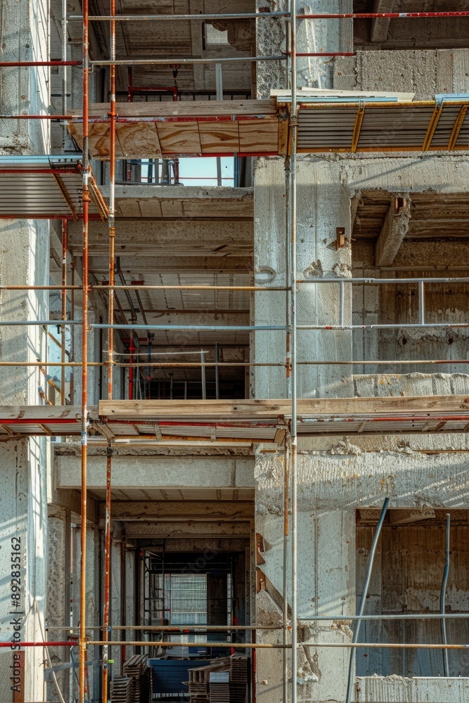 Poster construction site image featuring a building under renovation with scaffolding around it