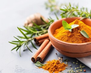 A beautiful arrangement of fresh herbs and spices, like turmeric and cinnamon, known for their anti-inflammatory properties