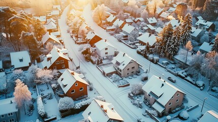 aerial shot of a quaint town covered in a blanket of snow, with rooftops, streets, and trees all adorned in white, creating a picturesque winter scene.