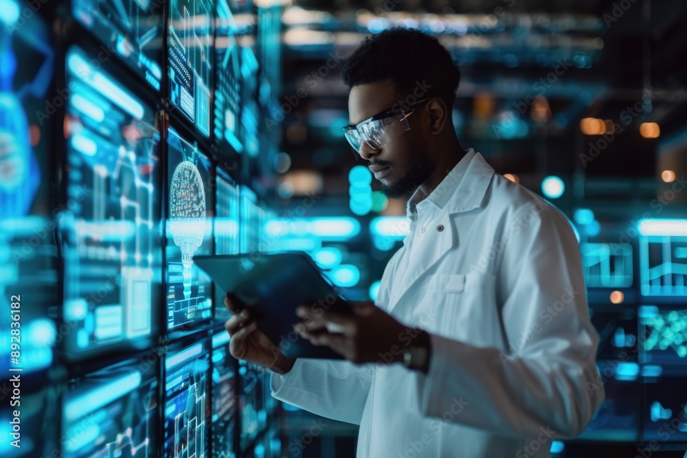 Poster scientist reviewing data on a tablet in a laboratory environment, potential for medical or research 