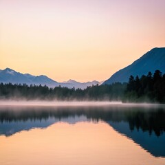 Fototapeta premium Dawn breaks over a serene lake, reflections shimmering on the water surface, pastel-hued sky melding with gentle embraces of mist rising from the lake's touch.