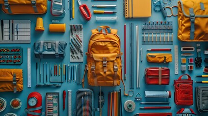 neatly arranged composition of school supplies such as notebooks, pencils, rulers, and backpacks, symbolizing preparedness and organization for the new school year.