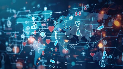 Obraz premium abstract representation of global health networks, featuring a world map with interconnected medical symbols and glowing blue and red lights.