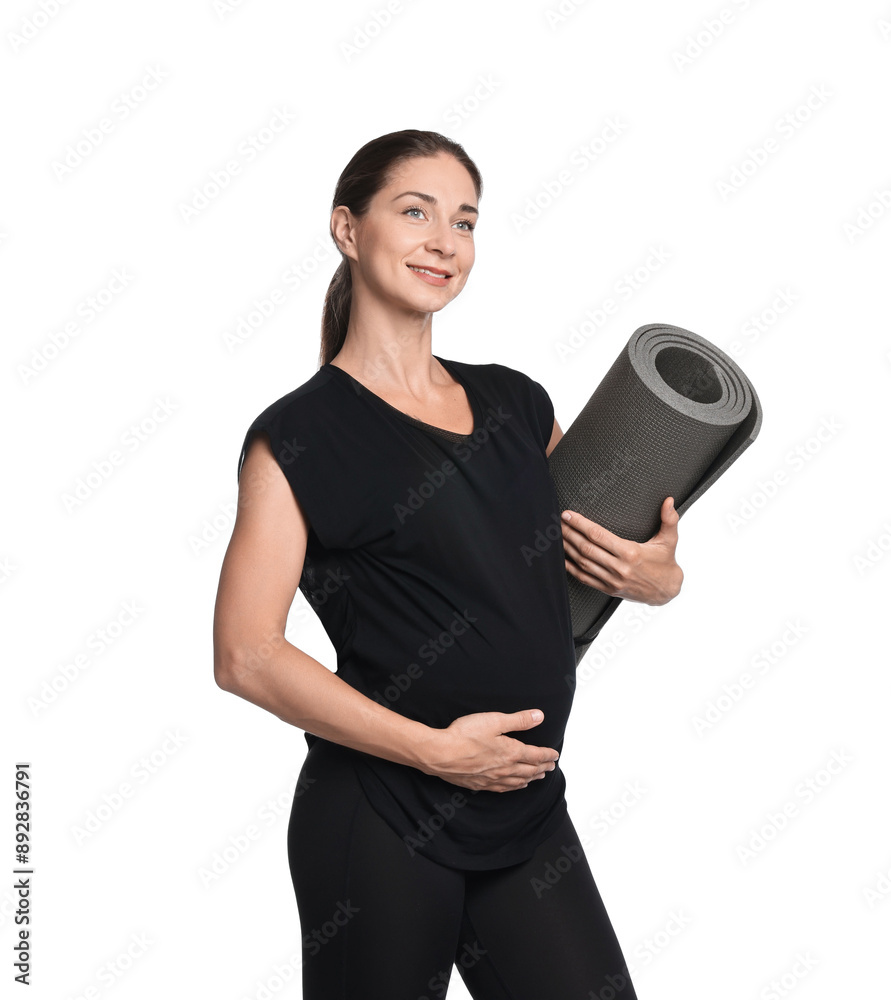 Sticker Beautiful pregnant woman with exercise mat isolated on white