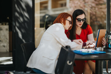 Professional businesswomen working together with digital tablet and documents at a street-side...