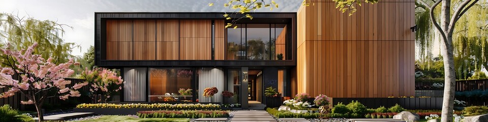 An elegant cubic house with warm wooden cladding and sleek black panel walls, surrounded by a lush front yard with blooming flowers and a stylish stone path leading to the entrance.