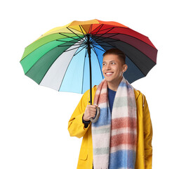 Young man with rainbow umbrella on white background