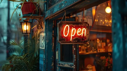  cozy, warmly lit storefront with an "Open" sign glowing in the evening, inviting customers into a welcoming atmosphere.