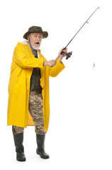Fisherman with fishing rod on white background