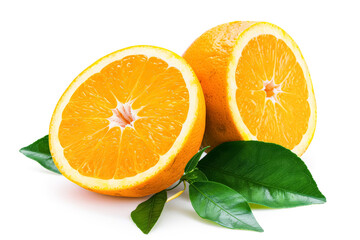 Fototapeta premium Two oranges with a leaf on top