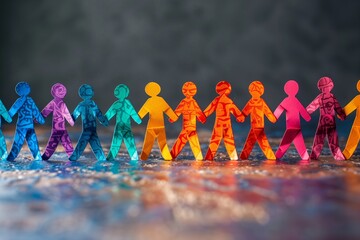Paper cutout chain of colorful humans symbolizing community support and friendship