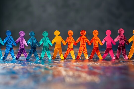 Paper cutout chain of colorful humans symbolizing community support and friendship