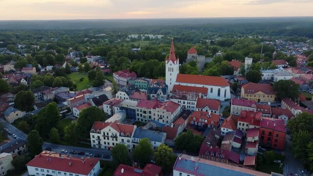Aerial view of beautiful city of Cesis in Latvia. View on the city center, main city church and ruins of ancient Livonian castle in old town of Cesis, Latvia
