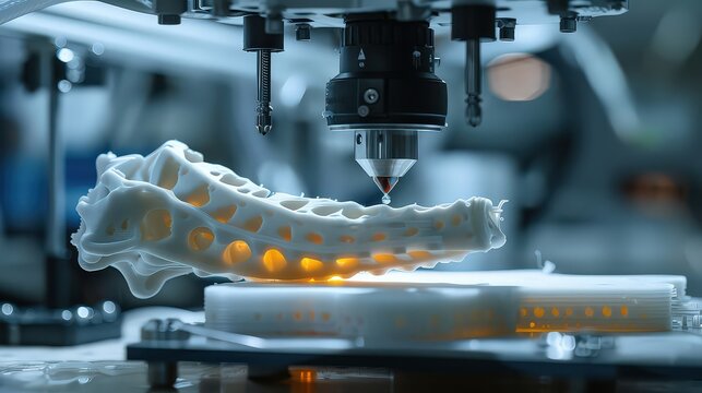  3D printer creating a customized medical implant or prosthetic limb, demonstrating the application of 3D printing technology in healthcare.