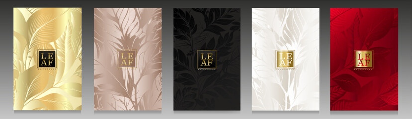 Luxury cover set, foliage design. Leaves pattern on shiny gradient background. Premium collection for invitation, menu, brochure, catalogue, elegant card, botanical packaging.