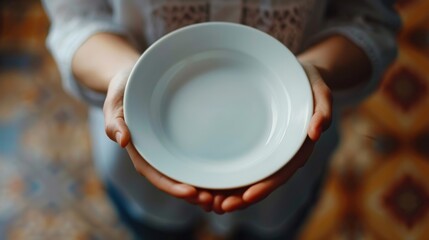 World Hunger day. Empty plate in hands. Horizontal banner. Free space for text. Promoting Global Food Security, Fighting Hunger, food availability