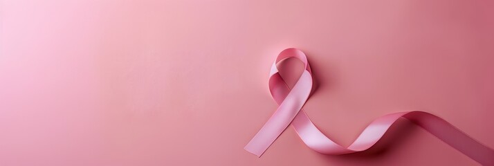 Pink ribbon for breast cancer awareness. Mammography Day. Horizontal banner. Pink ribbon on a pink background. Free space for text Breast cancer prevention screening Hardware examination of the breast