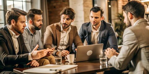 Young businessmen engaged in animated discussion, surrounded by modern office decor. The image captures the vibrant dynamics of collaborative brainstorming 