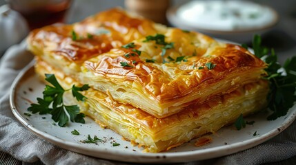  plate of golden, flaky puff pastry squares garnished with fresh parsley, presenting a delicious and appetizing baked dish with layers of crispy dough.