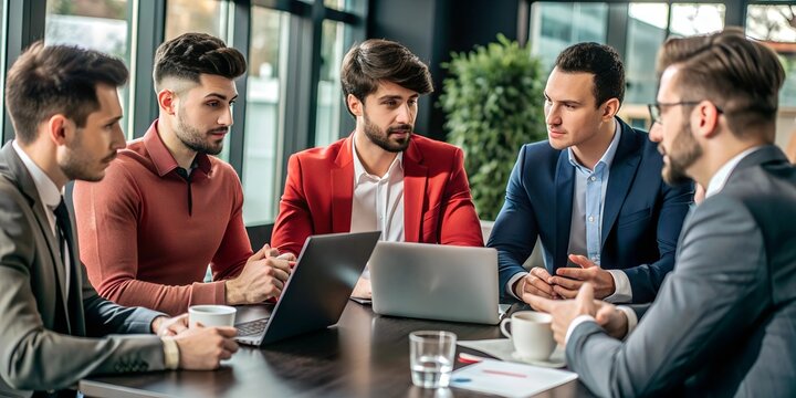 Young businessmen engaged in animated discussion, surrounded by modern office decor. The image captures the vibrant dynamics of collaborative brainstorming