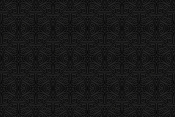Embossed black background, tribal cover design, banner. Geometric decorative 3D pattern. Ethnic ornaments, arabesques, mandala. Vintage, handmade. Traditions of the East, Asia, India, Mexico, Aztec