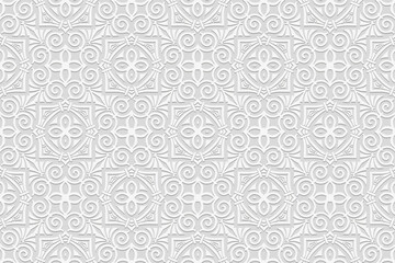 Embossed white background, tribal cover design, banner. Geometric elegant 3D pattern. Ethnic ornaments, arabesques, mandala. Vintage, handmade. Traditions of the East, Asia, India, Mexico, Aztec, Peru