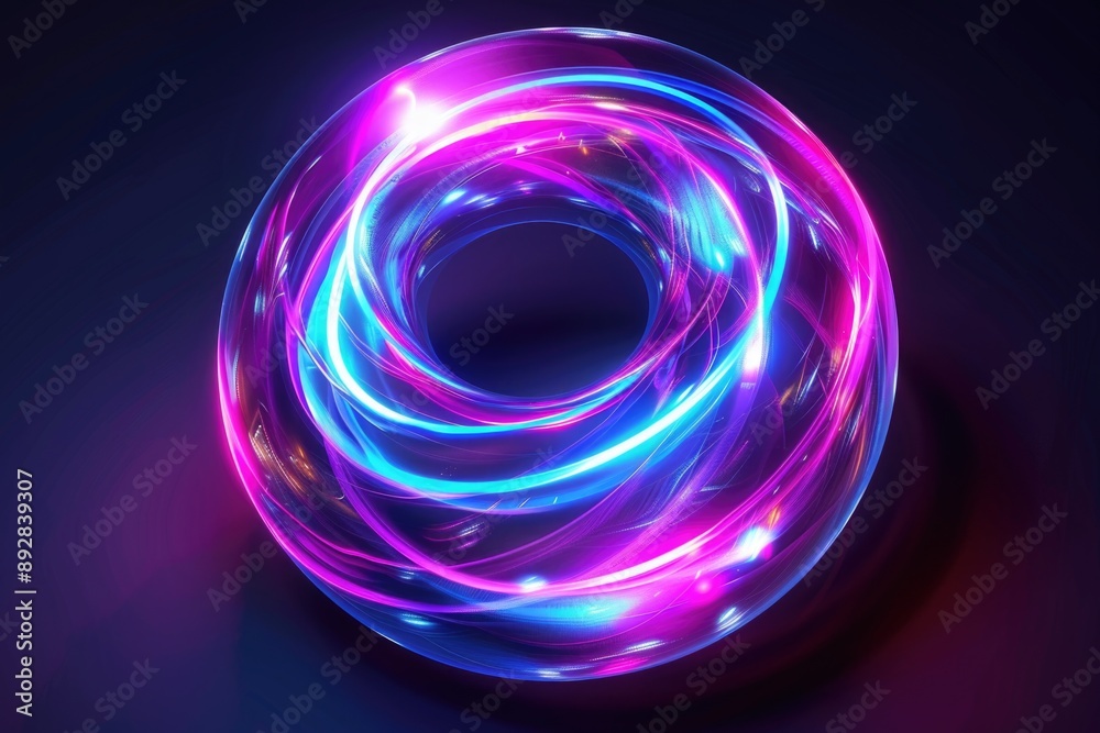 Poster circular shape illuminated by neon lights against a dark backdrop