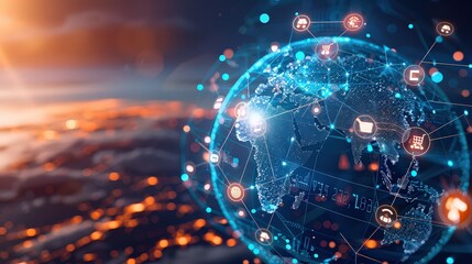dynamic illustration of a globe connected by various digital devices, showcasing global e-commerce networks, with icons for shipping, payment, and customer support floating around.
