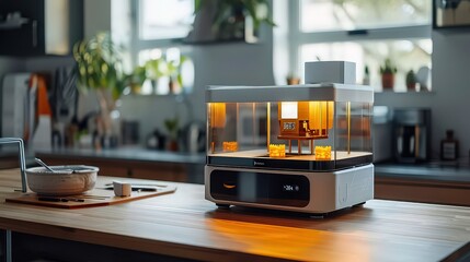  futuristic 3D printer designed for the printing industry, equipped with AI-based material optimization, real-time print monitoring, and a minimalistic, compact form factor