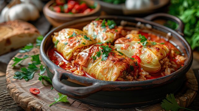 rustic dish sarma of stuffed cabbage rolls in a rich tomato sauce, topped with fresh herbs, served in a cast iron pot, creating a hearty and flavorful meal with a homely touch.