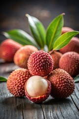 Fresh organic Lychee (Litchi fruit) on dark background. Close up. Copy space