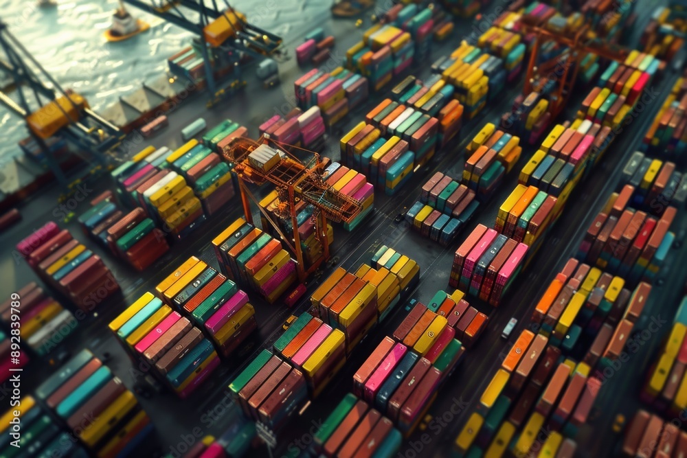 Aufkleber Aerial view of a busy container ship yard with ships and cranes in the foreground