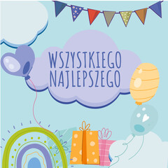 kartka lub opaska na urodziny w kolorze niebieskim w chmurce dla dziecka z proporczykami w kilku kolorach wokół balonów © emmanuel